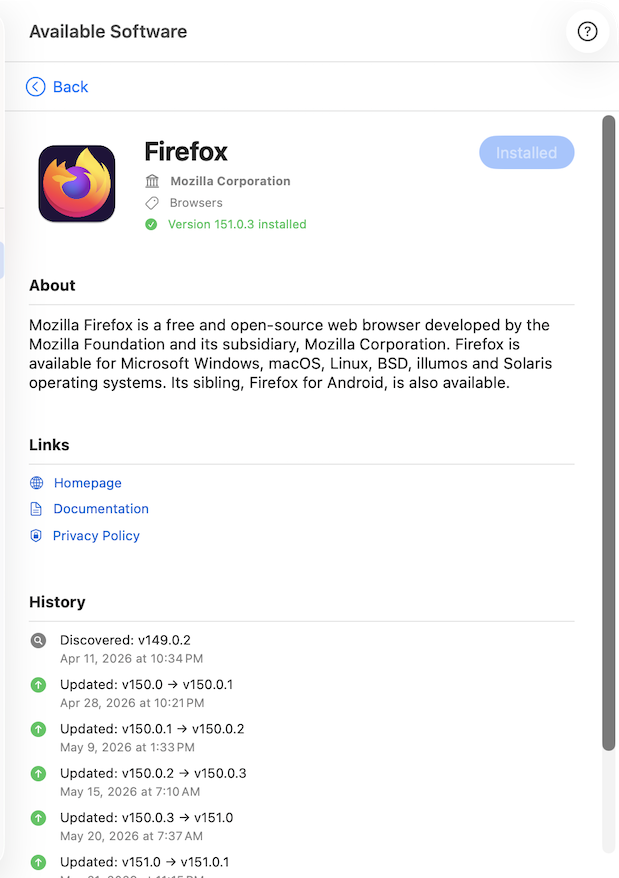 Available Software app showing a detail view for an app with its publisher, description, links, and update history