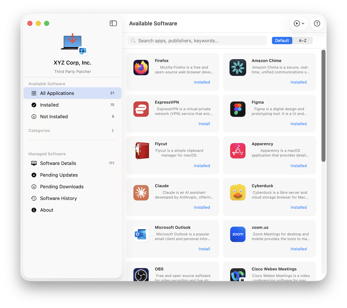 Available Software app showing a self-service catalog of macOS applications with install status