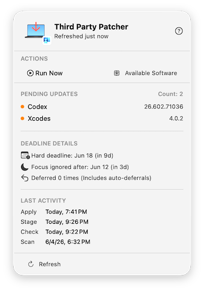 PatcherMenu popover showing pending updates, deadline details, and last activity timestamps