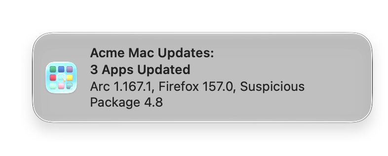macOS notification titled Acme Mac Updates reporting three apps updated
