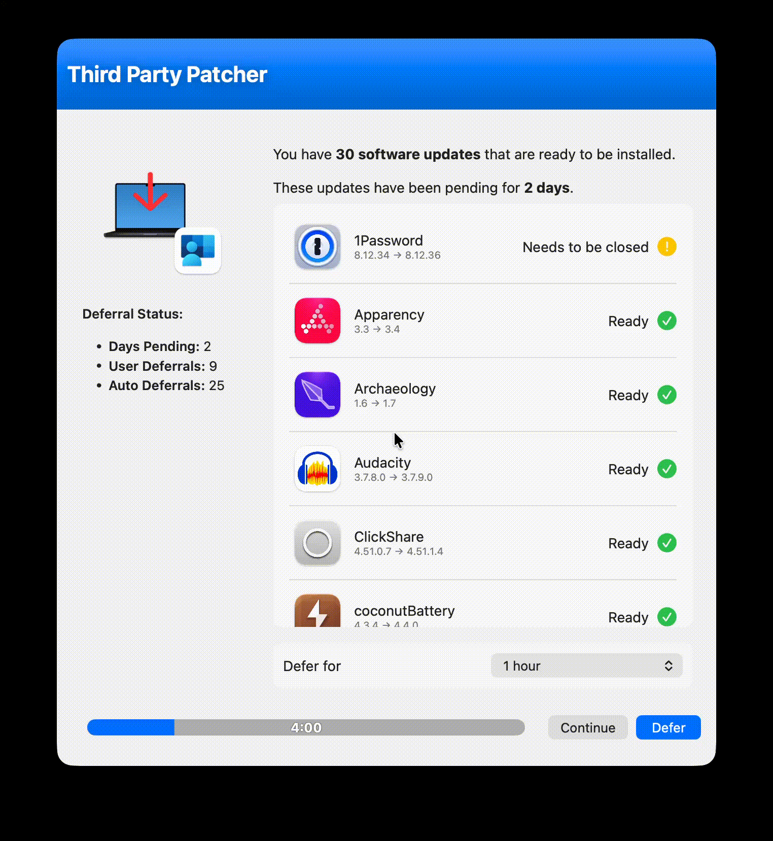 Deferral prompt asking the user to defer or continue installing four pending updates